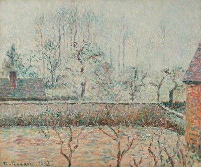 Landscape with Houses and Fence Wall, Frost and Mist (1892) by Camille Jacob Pissarro